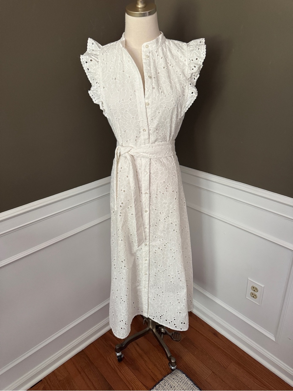 Sezane White Eyelet Midi America Dress. Size 2. NWT.